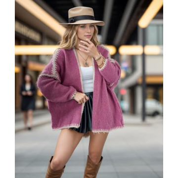 KWSTAIN Cardigan Sweaters for Women Dressy Pink Color Block V Neck Long Sleeve Fall Winter Crop Drape Coatigan Coat (Rose Pink,M)