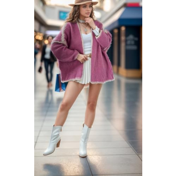 KWSTAIN Cardigan Sweaters for Women Dressy Pink Color Block V Neck Long Sleeve Fall Winter Crop Drape Coatigan Coat (Rose Pink,M)