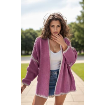 KWSTAIN Cardigan Sweaters for Women Dressy Pink Color Block V Neck Long Sleeve Fall Winter Crop Drape Coatigan Coat (Rose Pink,M)