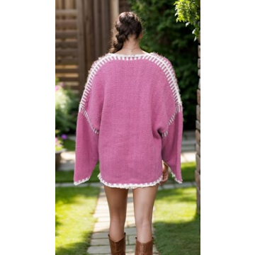KWSTAIN Cardigan Sweaters for Women Dressy Pink Color Block V Neck Long Sleeve Fall Winter Crop Drape Coatigan Coat (Rose Pink,M)