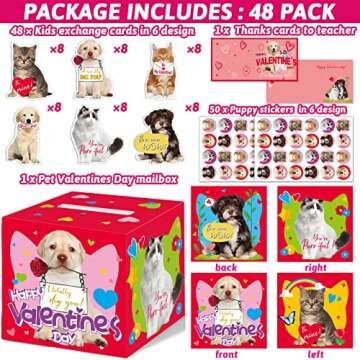 49 Pack Pet Valentine Cards for Kids with DIY Box Dog Cat Valentine's Day Cards Set for School Class...