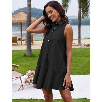 ZOCPEONY Women's Sleeveless Shirt Dress Button Down Ruffle Hem Mini Dresses with Pockets(Black-S)