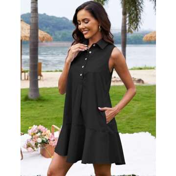 ZOCPEONY Women's Sleeveless Shirt Dress Button Down Ruffle Hem Mini Dresses with Pockets(Black-S)