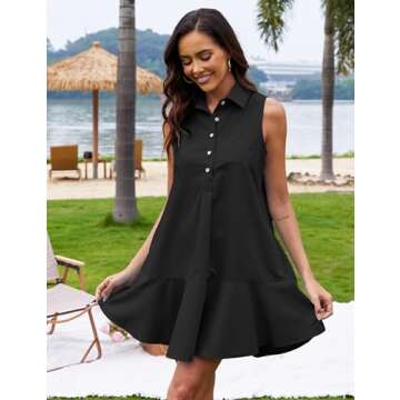ZOCPEONY Women's Sleeveless Shirt Dress Button Down Ruffle Hem Mini Dresses with Pockets(Black-S)