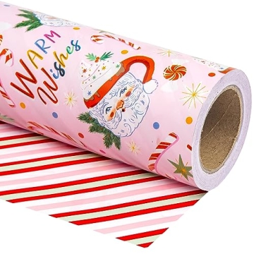 WRAPAHOLIC Jumbo Reversible Christmas Wrapping Paper - 30 Inch X 100 Feet Jumbo Roll Red and Pink Sa...