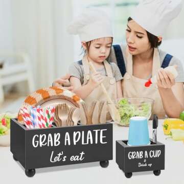 MEMOORIAL Paper Plate Holder, Kitchen Utensil Holder, Paper Plate Dispenser with Large Cup Holder for Kitchen Counter, Paper Plate Organizer, Utensil Caddy Silverware Holder for Kitchen, Party, BBQ…