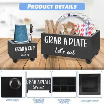 MEMOORIAL Paper Plate Holder, Kitchen Utensil Holder, Paper Plate Dispenser with Large Cup Holder for Kitchen Counter, Paper Plate Organizer, Utensil Caddy Silverware Holder for Kitchen, Party, BBQ…