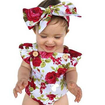 Newborn Kids Baby Girls Clothes Floral Jumpsuit Romper Playsuit + Headband Outfits (A-Red, 0-6 Month...