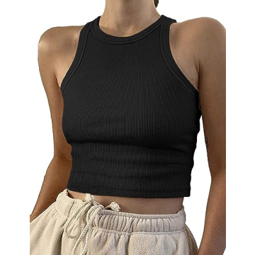 Artfish Women Casual Basic Sleeveless High Neck Rib-Knit Crop Tank Top in Black