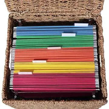 URFORESTIC Seagrass File Storage Box Organizer | Collapsible Letter Size Hanging File Box Organizers with Lid | Decorative Seagrass Filing & Storage Office Box | Letter Size (Natural)