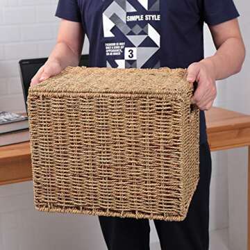 URFORESTIC Seagrass File Storage Box Organizer | Collapsible Letter Size Hanging File Box Organizers with Lid | Decorative Seagrass Filing & Storage Office Box | Letter Size (Natural)