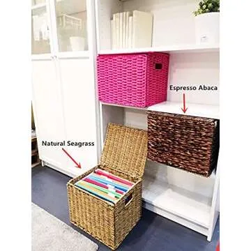 URFORESTIC Seagrass File Storage Box Organizer | Collapsible Letter Size Hanging File Box Organizers with Lid | Decorative Seagrass Filing & Storage Office Box | Letter Size (Natural)