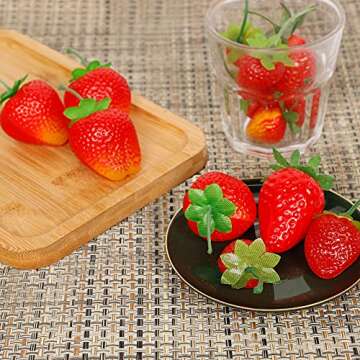 Happy Trees 30 Pieces Artificial Strawberries Assorted Size, Lifelike Plastic Fake Fruit Decoration for Home Kitchen Party Photography Props (Red)