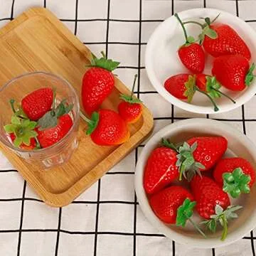 Happy Trees 30 Pieces Artificial Strawberries Assorted Size, Lifelike Plastic Fake Fruit Decoration for Home Kitchen Party Photography Props (Red)