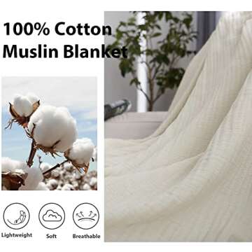 Simple&Opulence Cotton Muslin Throw Blanket for Bed, Couch, Knit Woven Gauze Blanket with Tassels, Soft Lightweight Cozy Pre-Washed Breathable Farmhouse Decoration for All-Season (White)
