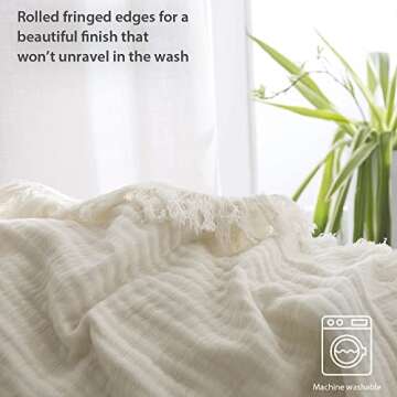 Simple&Opulence Cotton Muslin Throw Blanket for Bed, Couch, Knit Woven Gauze Blanket with Tassels, Soft Lightweight Cozy Pre-Washed Breathable Farmhouse Decoration for All-Season (White)