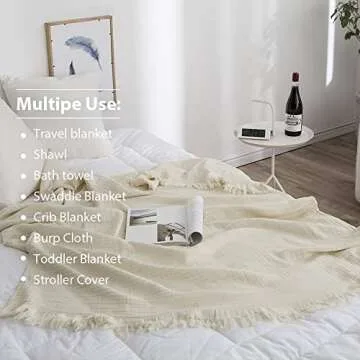 Simple&Opulence Cotton Muslin Throw Blanket for Bed, Couch, Knit Woven Gauze Blanket with Tassels, Soft Lightweight Cozy Pre-Washed Breathable Farmhouse Decoration for All-Season (White)