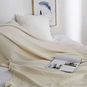 Simple&Opulence Cotton Muslin Throw Blanket for Bed, Couch, Knit Woven Gauze Blanket with Tassels, Soft Lightweight Cozy Pre-Washed Breathable Farmhouse Decoration for All-Season (White)