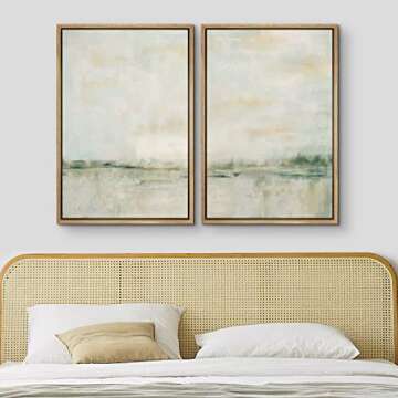 MUDECOR Framed Canvas Print Wall Art Set Watercolor Pastel Green Tan Landscape Abstract Shapes Illustrations Modern Art Decorative Contemporary for Living Room, Bedroom, Office - 24"x36"x2 Natural