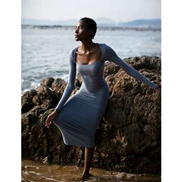 PUMIEY Long Sleeve Dress for Women Maxi Dress Bodycon Dresses for Women Long Fall Dresses Blue Dress Aegean Large