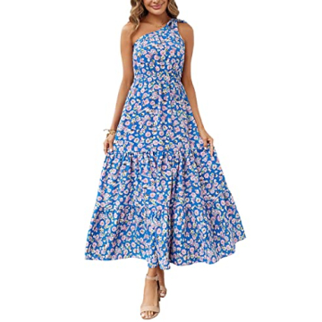 PRETTYGARDEN Women's Floral Maxi Dress 2024 Knot One Shoulder Sleeveless Ruffle Hem Flowy Boho Dresses (Blue Floral,Large)
