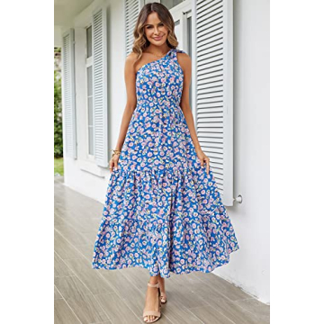 PRETTYGARDEN Women's Floral Maxi Dress 2024 Knot One Shoulder Sleeveless Ruffle Hem Flowy Boho Dresses (Blue Floral,Large)