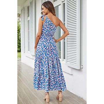 PRETTYGARDEN Women's Floral Maxi Dress 2024 Knot One Shoulder Sleeveless Ruffle Hem Flowy Boho Dresses (Blue Floral,Large)