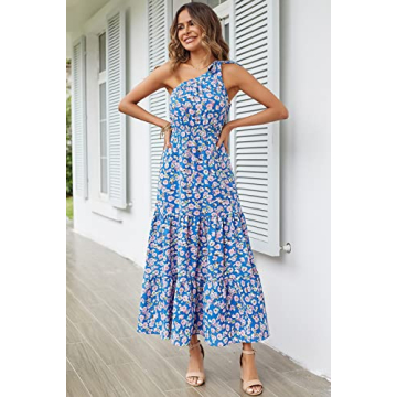 PRETTYGARDEN Women's Floral Maxi Dress 2024 Knot One Shoulder Sleeveless Ruffle Hem Flowy Boho Dresses (Blue Floral,Large)
