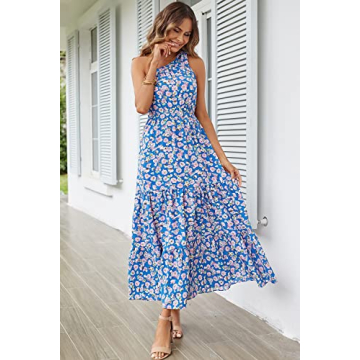 PRETTYGARDEN Women's Floral Maxi Dress 2024 Knot One Shoulder Sleeveless Ruffle Hem Flowy Boho Dresses (Blue Floral,Large)