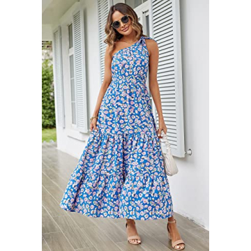 PRETTYGARDEN Women's Floral Maxi Dress 2024 Knot One Shoulder Sleeveless Ruffle Hem Flowy Boho Dresses (Blue Floral,Large)