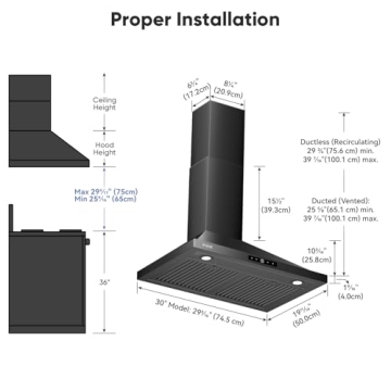 VIKIO HOME Wall Mount Range Hood 30 inch, 580 CFM Kitchen Vent Hood, Ducted/Ductless Convertible wit...