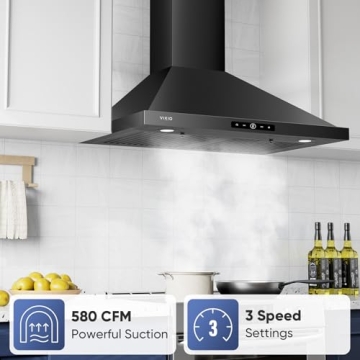 VIKIO HOME Wall Mount Range Hood 30 inch, 580 CFM Kitchen Vent Hood, Ducted/Ductless Convertible with Touch Control, Stainless Steel Stove Vent Hood, Easy Clean Filter, Black
