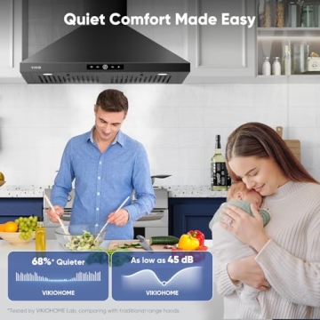 VIKIO HOME Wall Mount Range Hood 30 inch, 580 CFM Kitchen Vent Hood, Ducted/Ductless Convertible with Touch Control, Stainless Steel Stove Vent Hood, Easy Clean Filter, Black