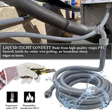 50 Foot Liquid-Tight Conduit Kit - 1/2inch Flexible Non Metallic Liquid Tight Electrical Conduit and 5 Straight and 4 Angle Fittings Included. 1/2" Dia