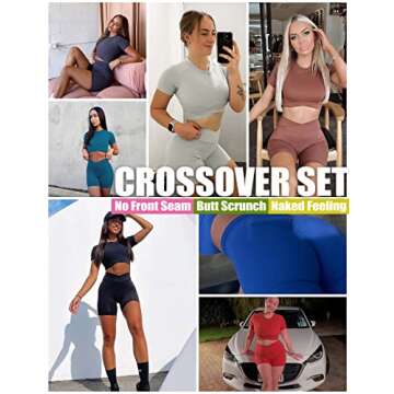 Danysu Cross Waist 2 Piece Summer Outfit Workout Sets for Women Scrunched Butt Shorts Short Sleeve Crop Top Gym Clothes Navy L