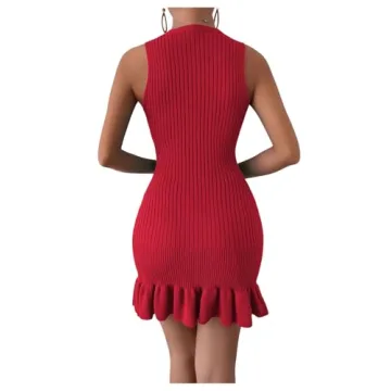 SOLY HUX Women's Sleeveless Bodycon Dress in Solid Red
