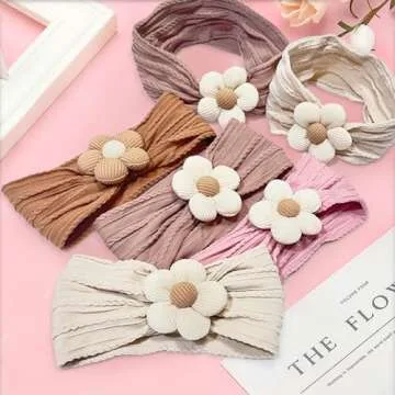 Nirvany 3 Pcs Baby Flower Headband, Nylon Baby Girl Headbands Soft Hairbands Baby Girl Accessories for Newborn Infant Toddler（Beige Pink Khaki）