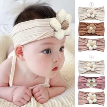 Nirvany 3 Pcs Baby Flower Headband, Nylon Baby Girl Headbands Soft Hairbands Baby Girl Accessories for Newborn Infant Toddler（Beige Pink Khaki）