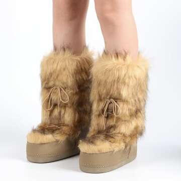 IXU Women's Faux Fur Boots Furry Snow Boots for Women Mid Calf Winter Boots Black White Brown Grey F...