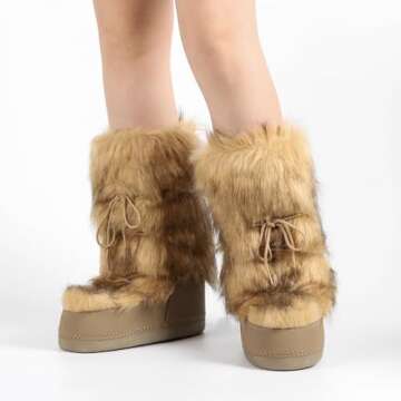 IXU Women's Faux Fur Boots Furry Snow Boots for Women Mid Calf Winter Boots Black White Brown Grey Fluffy Boots Fuzzy Custome Shoes