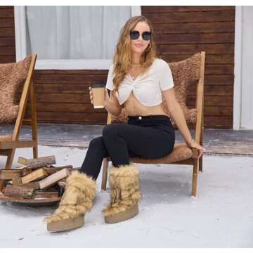 IXU Women's Faux Fur Boots Furry Snow Boots for Women Mid Calf Winter Boots Black White Brown Grey Fluffy Boots Fuzzy Custome Shoes
