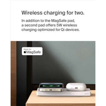 Belkin 2-in-1 Wireless Charging Pad with MagSafe 15W, Fast Charging iPhone Charger - Wireless Charging Station for iPhone 16, 15, 14, and 13 Series, AirPods, and Other MagSafe Enabled Devices - White