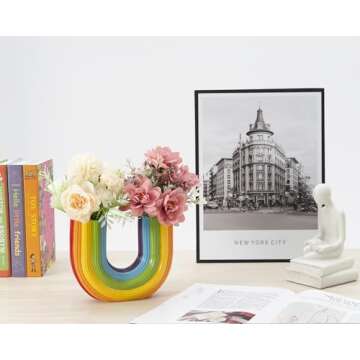 Artconal Rainbow Vase Decor, 7¾ inch Ceramic U-Shaped Vase, Vibrant Cute Rainbow Decorative Vase Adds Whimsical Flair, Aesthetic Art Vase for Holiday Decor, Eclectic Funky Home Decor