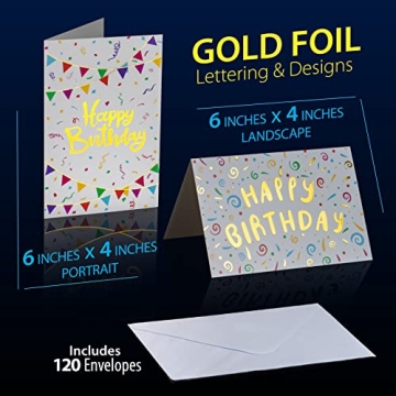 Gold Foil Birthday Cards Set of 120 with Envelopes