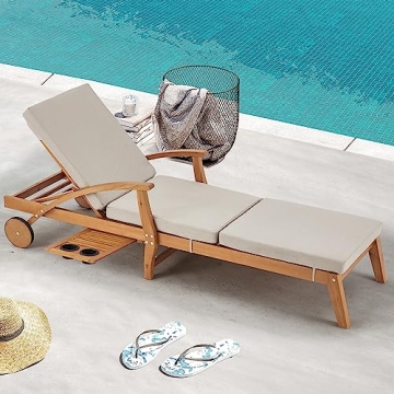 HOMREST Wood Chaise Lounge Chair Outdoor, Patio Chaise Lounger Recliner with Slide-Out Side Table, A...