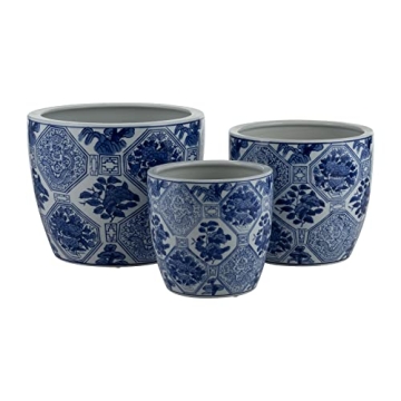 Sagebrook Home Set of 3 Ceramic Planters - Contemporary Vintage Style Blue and White Planters with C...