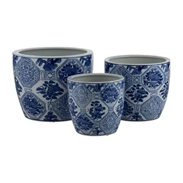 Sagebrook Home Set of 3 Ceramic Planters - Contemporary Vintage Style Blue and White Planters with C...