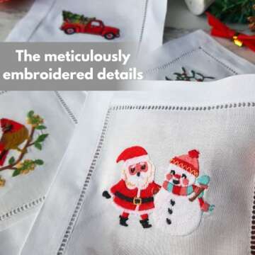 HCRAFT Embroidered White Cocktail Napkins - 6"x6" Set of 6 Elegant Cloth Napkins for Holidays and Gi...