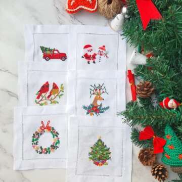 HCRAFT Embroidered White Cocktail Napkins Set for Parties