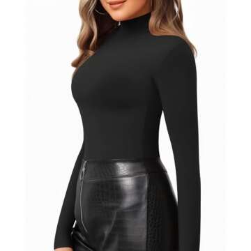 MANGOPOP Women's Mock Turtle Neck Slim Fit Long Half Short Sleeve T Shirt Tight Tops Tee